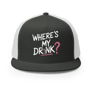 a premium gray and white flat bill trucker hat with 'WHERE'S MY DRINK?' text spring break, beach trip, girls trip, summer vacation, bachelorette party design