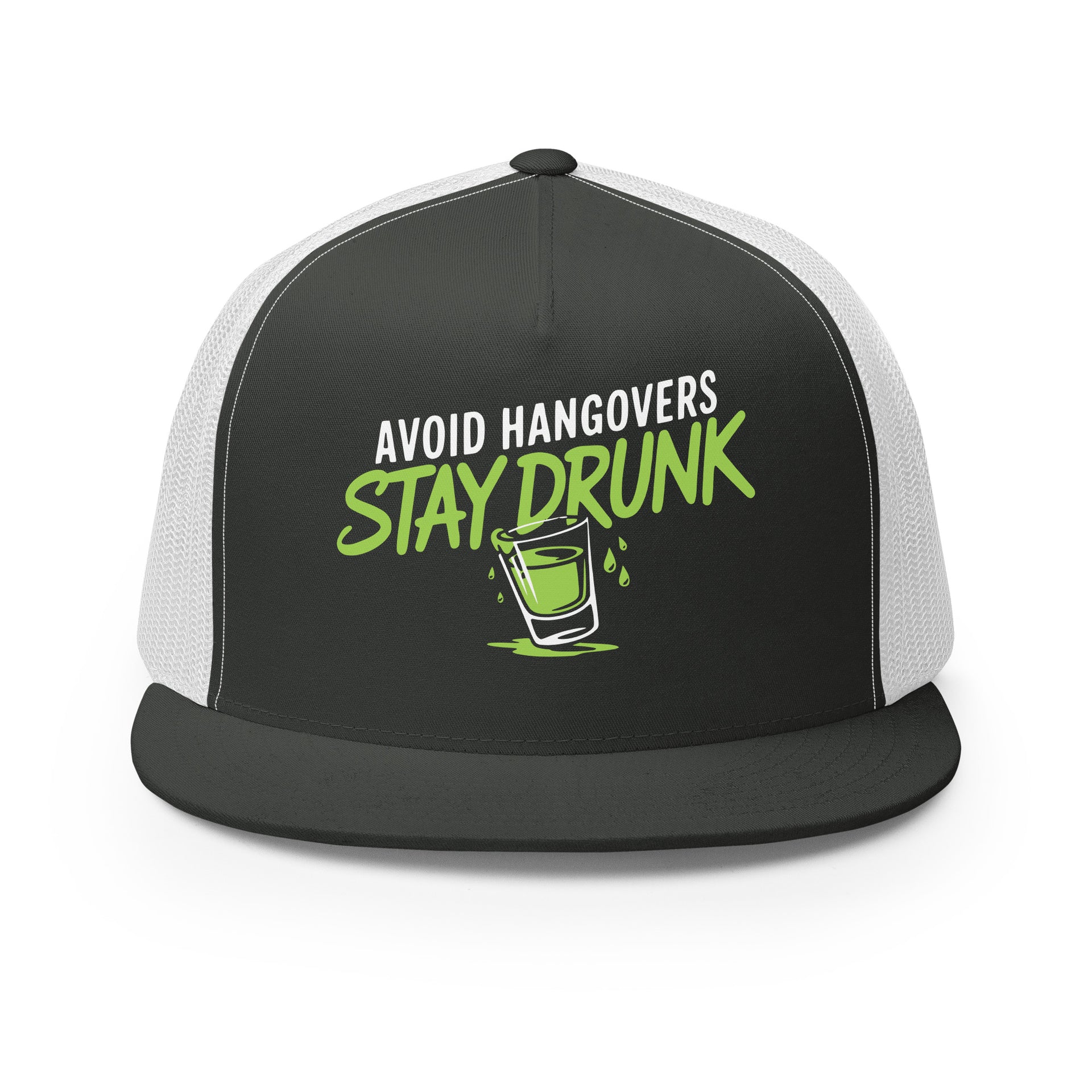 a gray and white premium flat bill trucker hat with 'Avoid Hangovers Stay Drunk' text funny spring break, beach vacation, lake season, girls trip, guys trip, bachelor or bachelorette party design