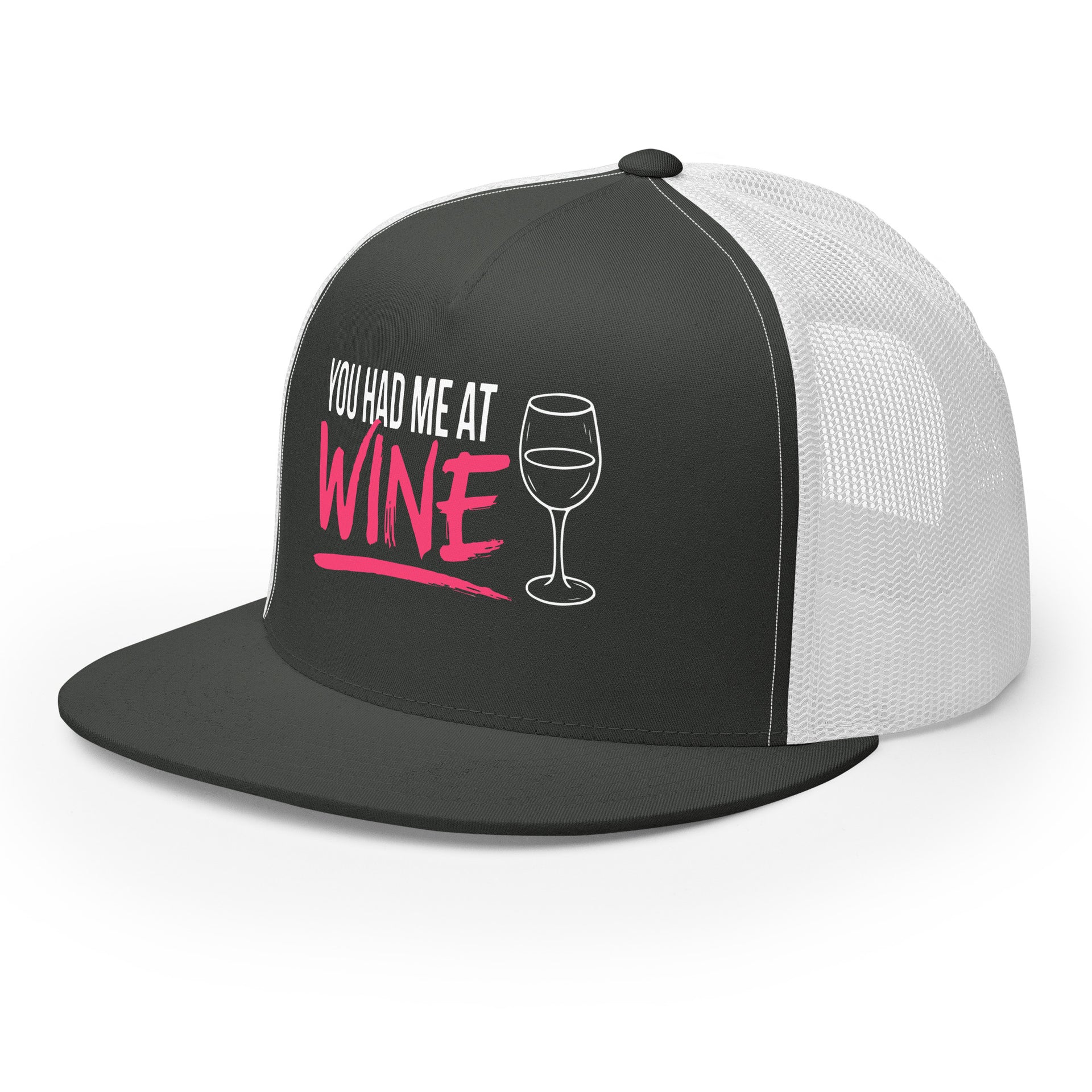 Charcoal and White flat bill trucker hat with 'You Had Me at Wine' text and wine glass graphic funny spring break hat