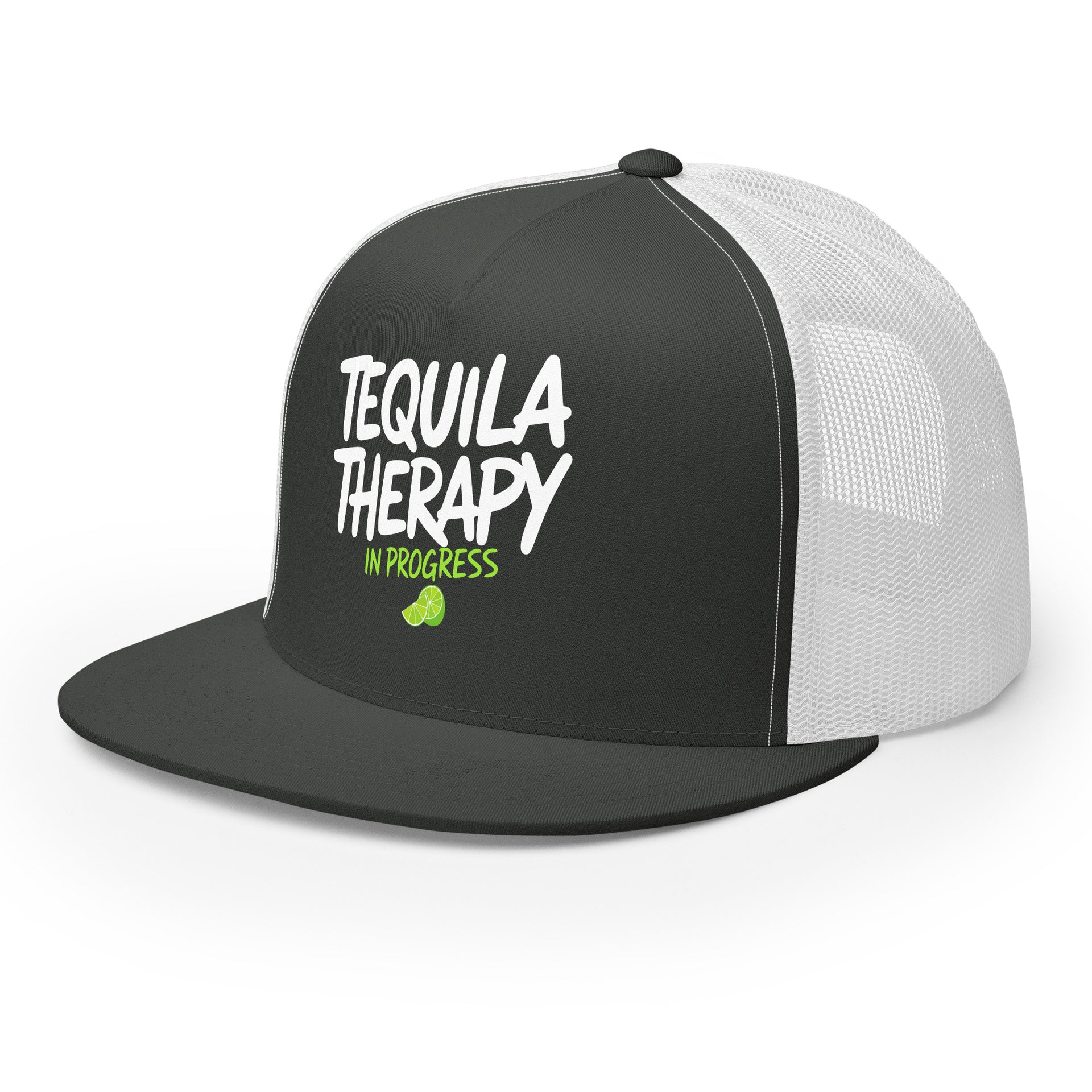 a charcoal and white flat bill trucker hat with the phrase "Tequila Therapy in Progress" funny spring break, girls trip, cinco de mayo design