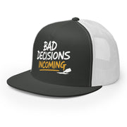 a charcoal and white flat bill trucker hat with the phrase "Bad Decisions Incoming" funny spriong break, summer vacation, beach trip, bachelor or bachelorette party designroduct mockup