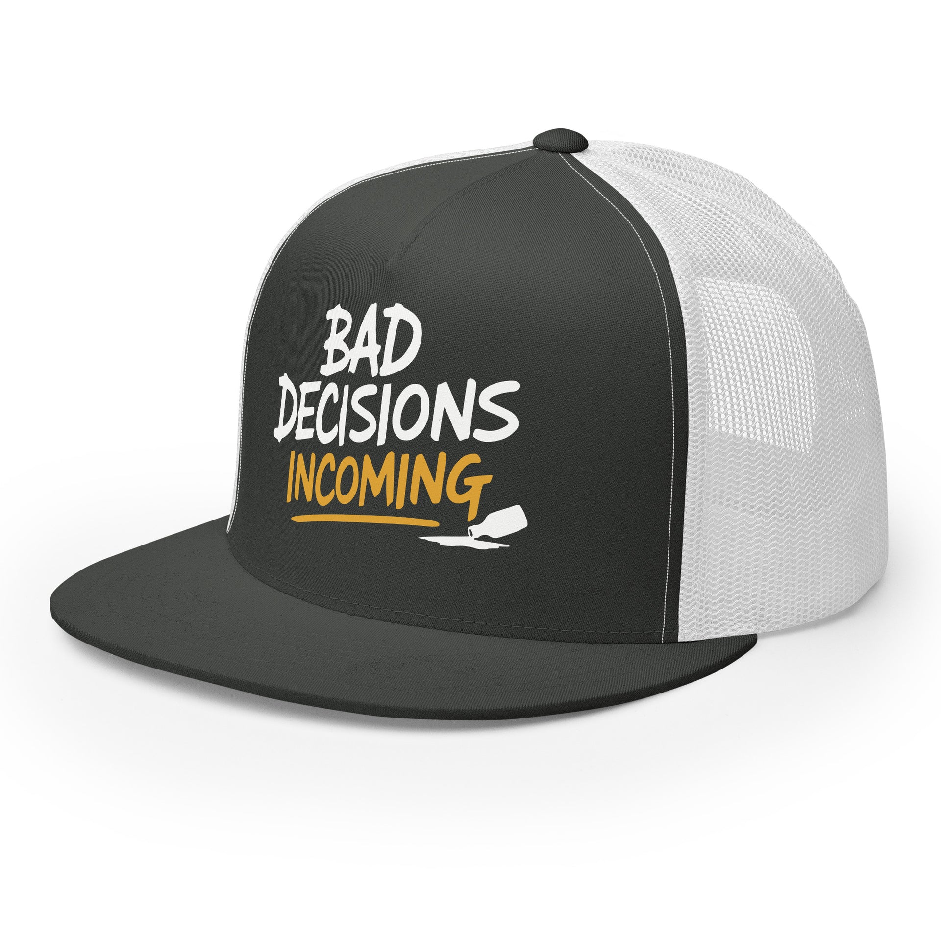 a charcoal and white flat bill trucker hat with the phrase "Bad Decisions Incoming" funny spriong break, summer vacation, beach trip, bachelor or bachelorette party designroduct mockup