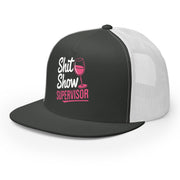 a charcoal and white premium flat bill trucker hat with the phrase Shit Show Supervisor funny girls trip, beach vacation, spring break, summer vacations, lake days design