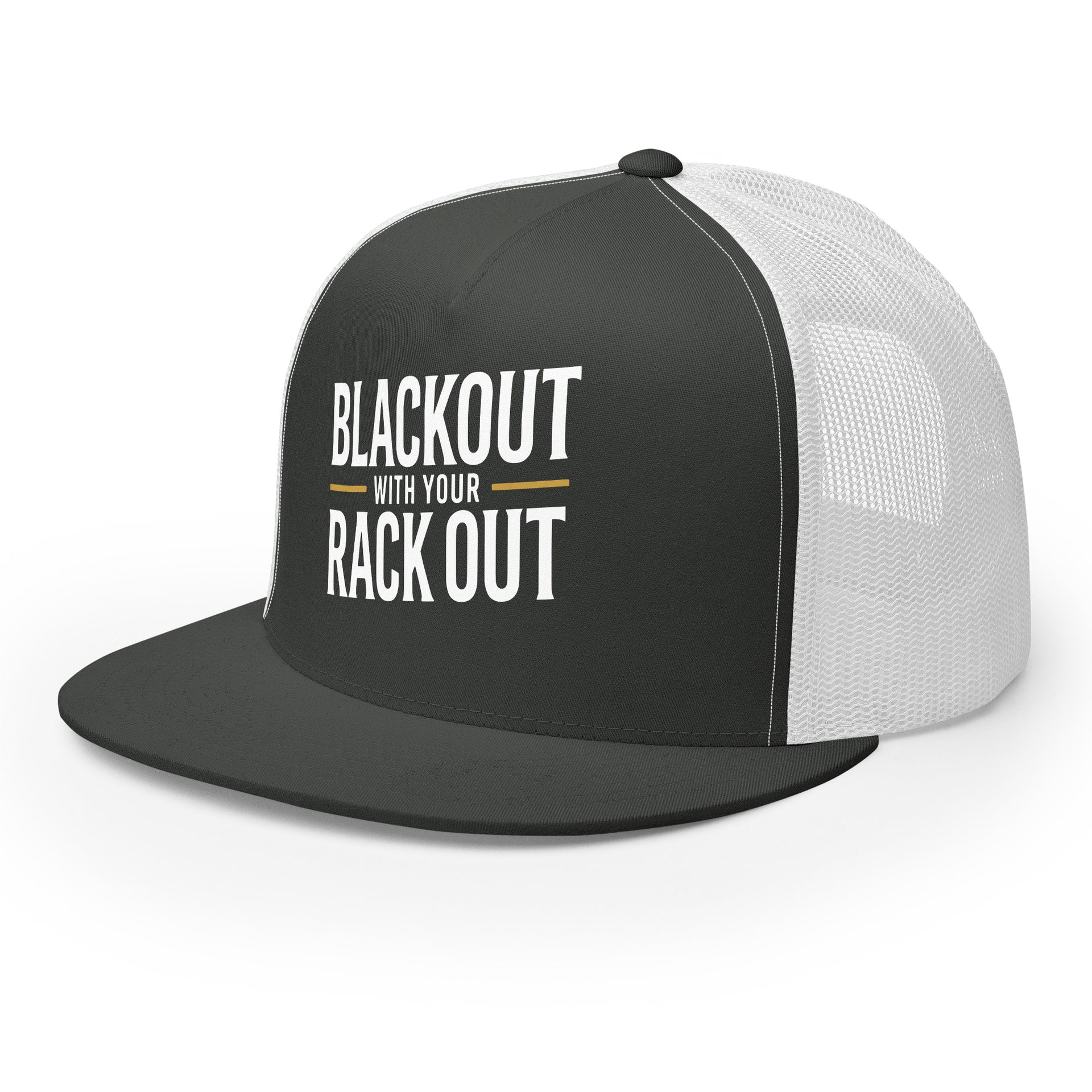 a charcoal and white premium flat bill trucker hat with the phrase 'Blackout with your Rack Out" funny spring break, beach vacation, girls trip, bachelorette party design