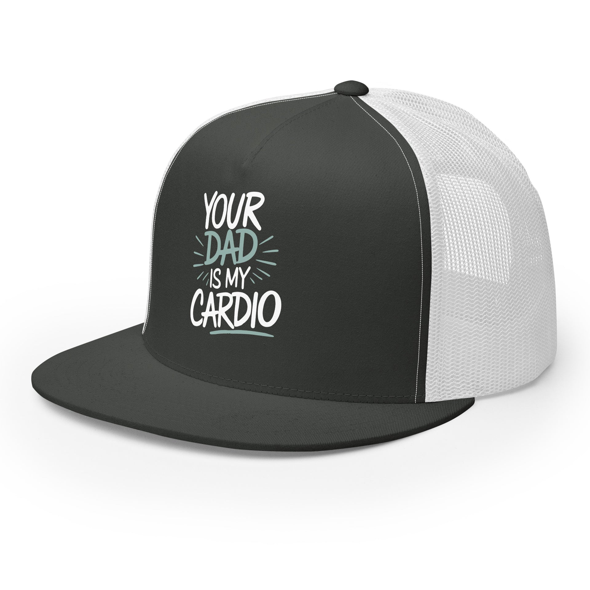 a gray and white premium flat bill trucker hat with 'Your Dad is My Cardio' text funny spring break, summer vacation, girls trip, lake days, bachelorette trip design