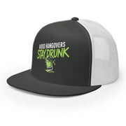 a gray and white premium flat bill trucker hat with 'Avoid Hangovers Stay Drunk' text funny spring break, beach vacation, lake season, girls trip, guys trip, bachelor or bachelorette party design