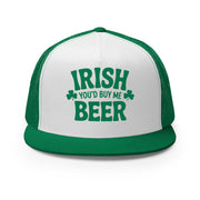 green and white flat bill trucker cap with  text 'Irish you'd buy me beer' funny st patricks day design
