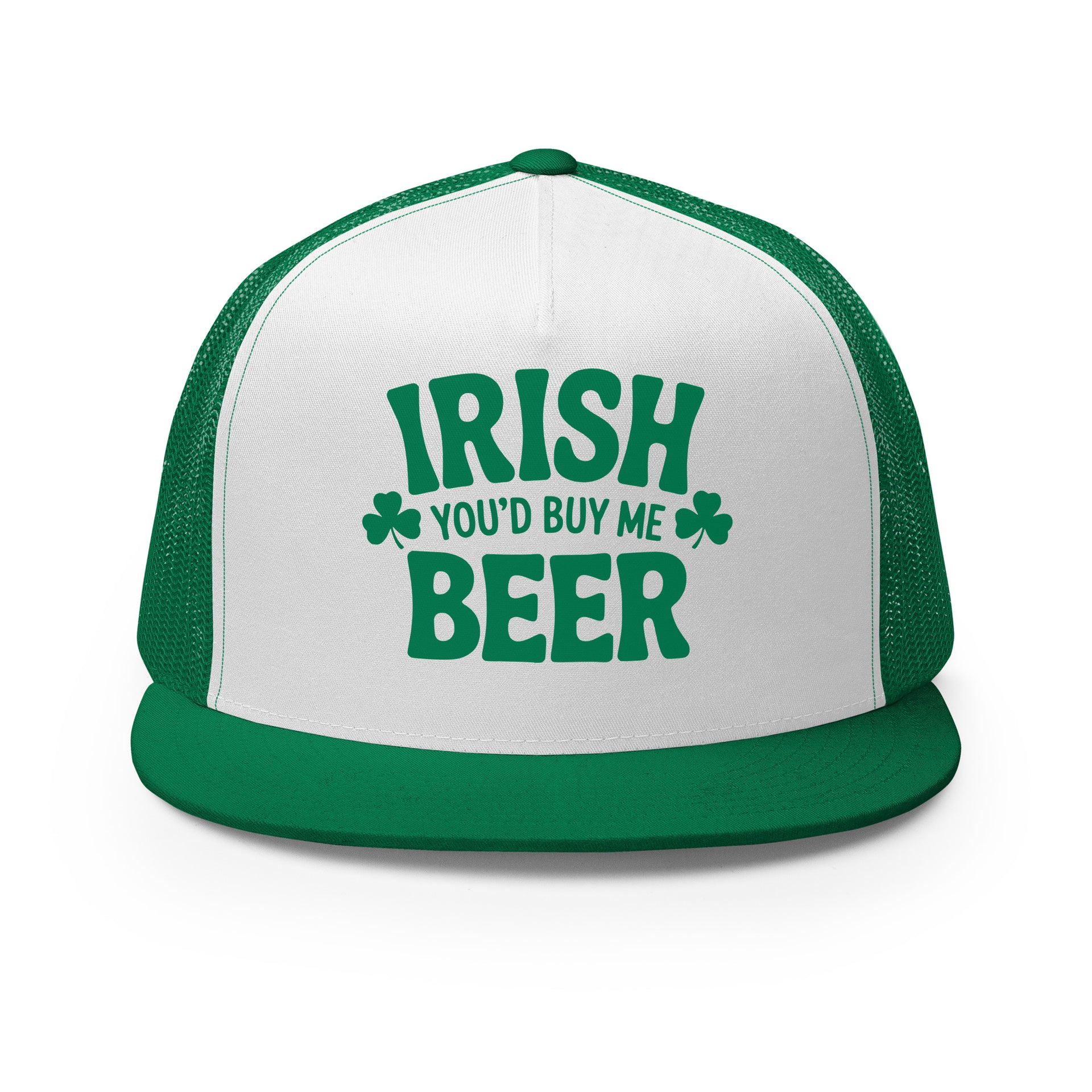 green and white flat bill trucker cap with  text 'Irish you'd buy me beer' funny st patricks day design
