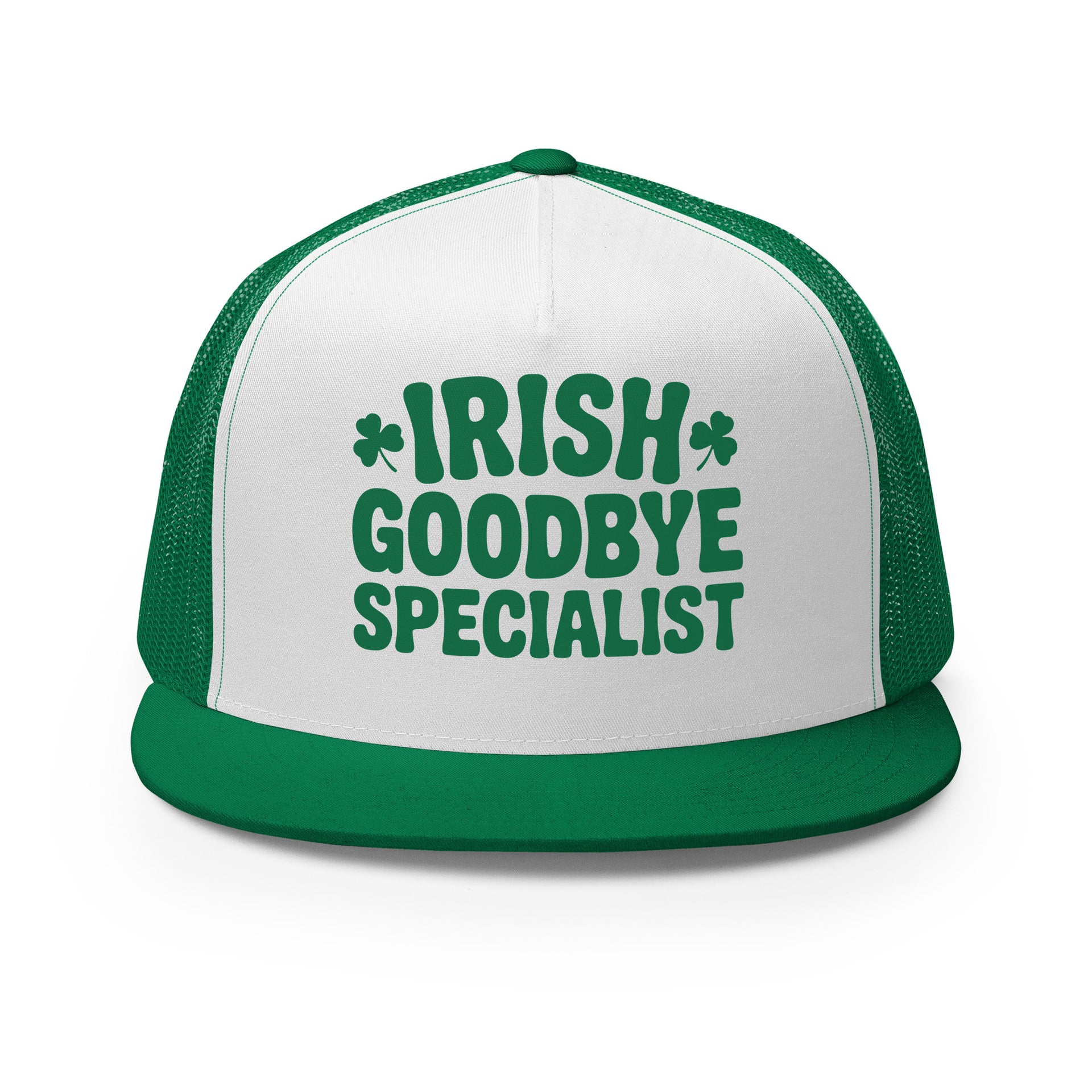 green and white flat bill trucker hat  with the text "Irish Goodbye Specialist" funny St Patricks Day design