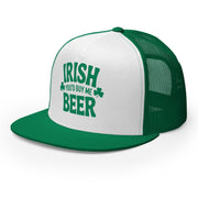 green and white flat bill trucker cap with  text 'Irish you'd buy me beer' funny st patricks day design