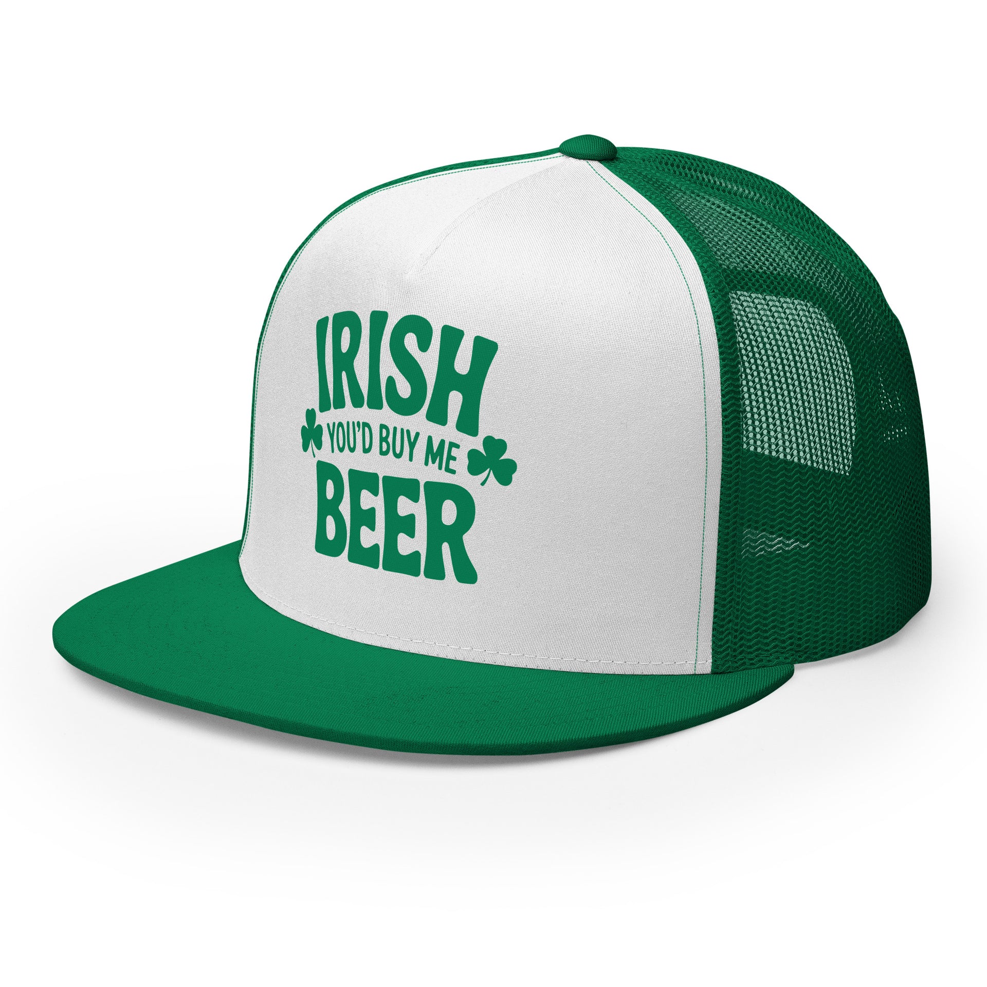green and white flat bill trucker cap with  text 'Irish you'd buy me beer' funny st patricks day design