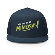 Navy flat bill trucker cap with 'You Had Me at Mimosas' text and champagne glass for Spring Break, Girls Trips, or Bachelorette Parties