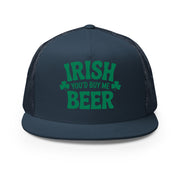  navy flat bill trucker cap with  text 'Irish you'd buy me beer' funny st patricks day design