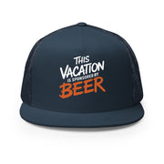 a Navy flat bill trucker hat with the phrase 'This Vacation is Sponsored by Beer' funny spring break, summer vacation, girls trip, bachelor party, and lake season designProduct mockup