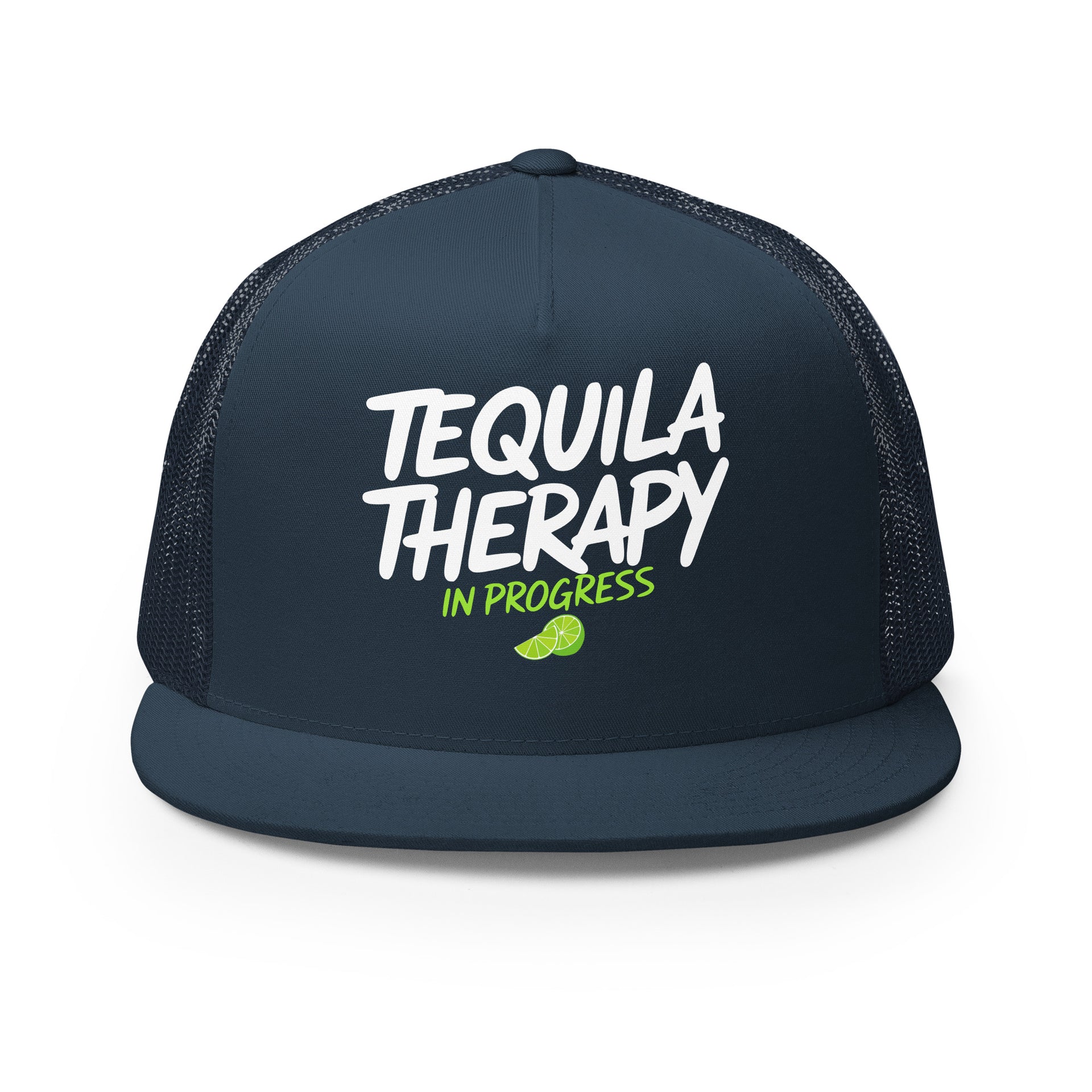 a navy flat bill trucker hat with the phrase "Tequila Therapy in Progress" funny spring break, girls trip, cinco de mayo design