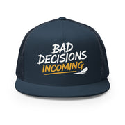 a navy flat bill trucker hat with the phrase "Bad Decisions Incoming" funny spriong break, summer vacation, beach trip, bachelor or bachelorette party designroduct mockup