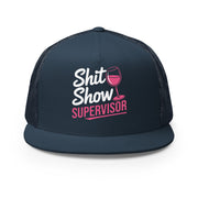a navy premium flat bill trucker hat with the phrase Shit Show Supervisor funny girls trip, beach vacation, spring break, summer vacations, lake days design