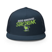 a navy premium flat bill trucker hat with 'Avoid Hangovers Stay Drunk' text funny spring break, beach vacation, lake season, girls trip, guys trip, bachelor or bachelorette party design