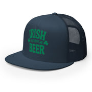  navy flat bill trucker cap with  text 'Irish you'd buy me beer' funny st patricks day design