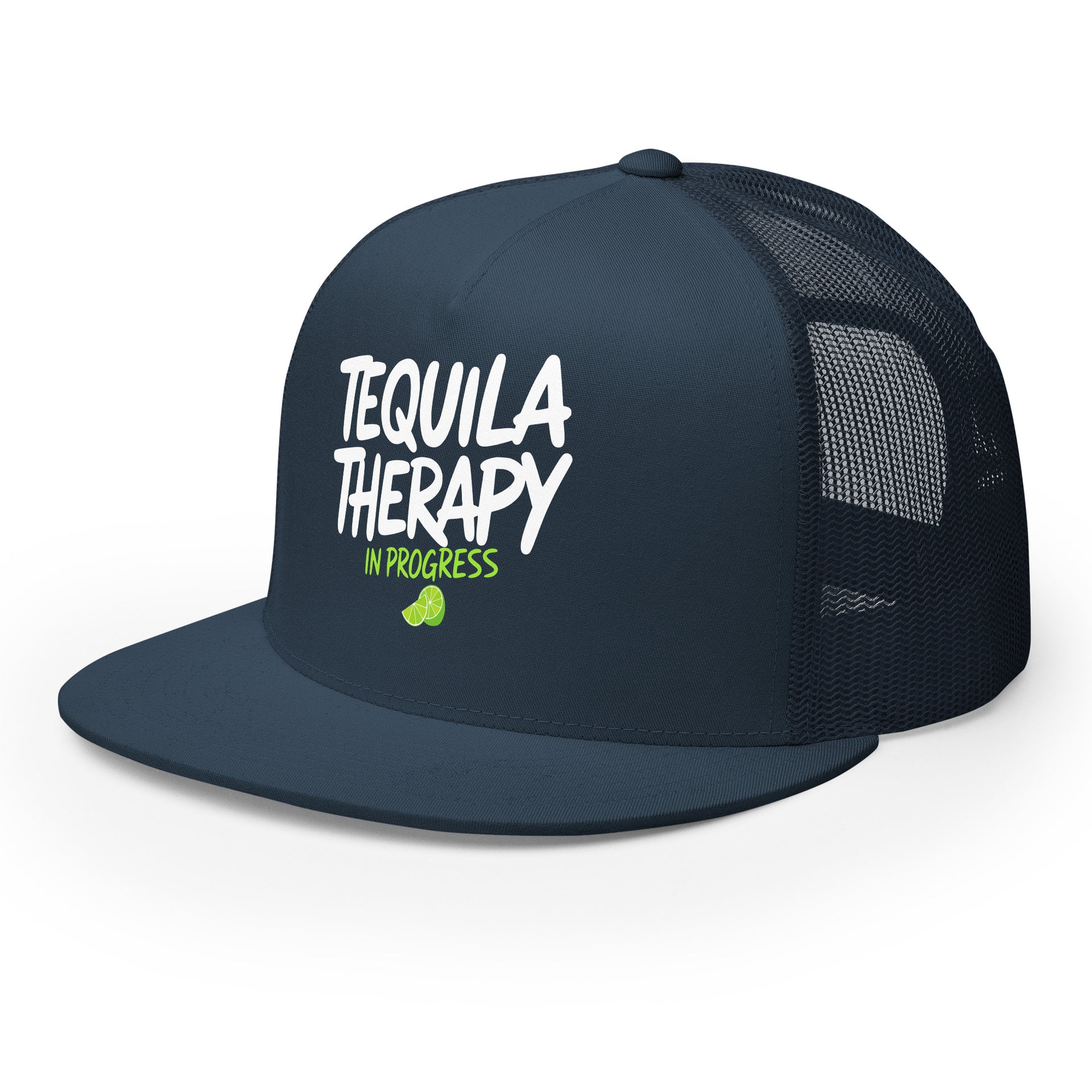 a navy flat bill trucker hat with the phrase "Tequila Therapy in Progress" funny spring break, girls trip, cinco de mayo design