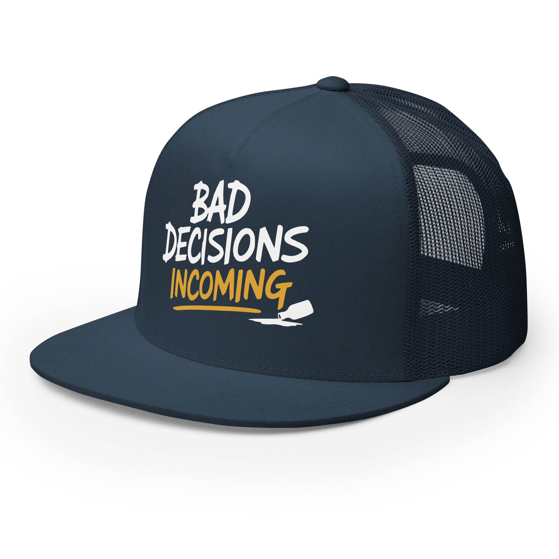 a navy flat bill trucker hat with the phrase "Bad Decisions Incoming" funny spriong break, summer vacation, beach trip, bachelor or bachelorette party designroduct mockup