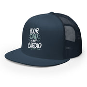 a navy premium flat bill trucker hat with 'Your Dad is My Cardio' text funny spring break, summer vacation, girls trip, lake days, bachelorette trip design