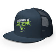 a navy premium flat bill trucker hat with 'Avoid Hangovers Stay Drunk' text funny spring break, beach vacation, lake season, girls trip, guys trip, bachelor or bachelorette party design