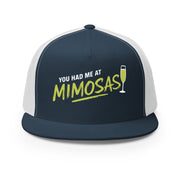 Navy and white flat bill trucker cap with 'You Had Me at Mimosas' text and champagne glass for Spring Break, Girls Trips, or Bachelorette Parties