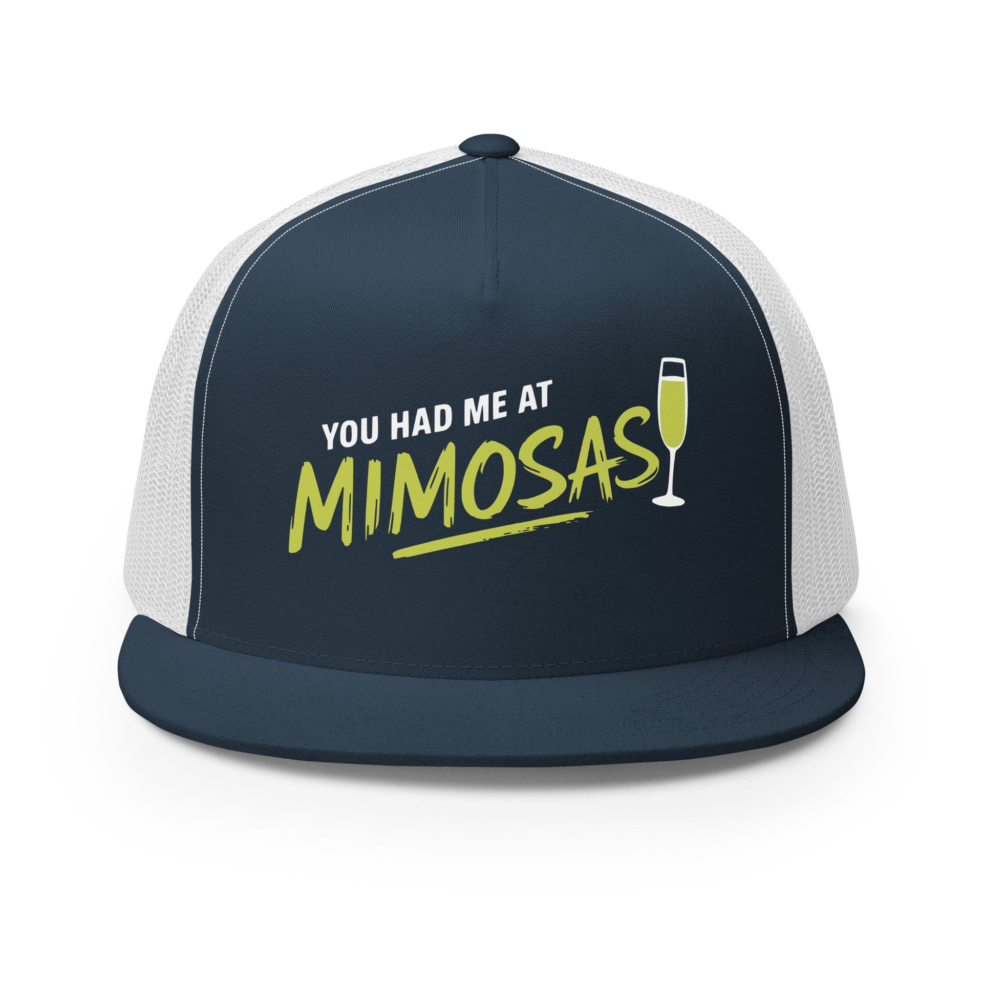 Navy and white flat bill trucker cap with 'You Had Me at Mimosas' text and champagne glass for Spring Break, Girls Trips, or Bachelorette Parties