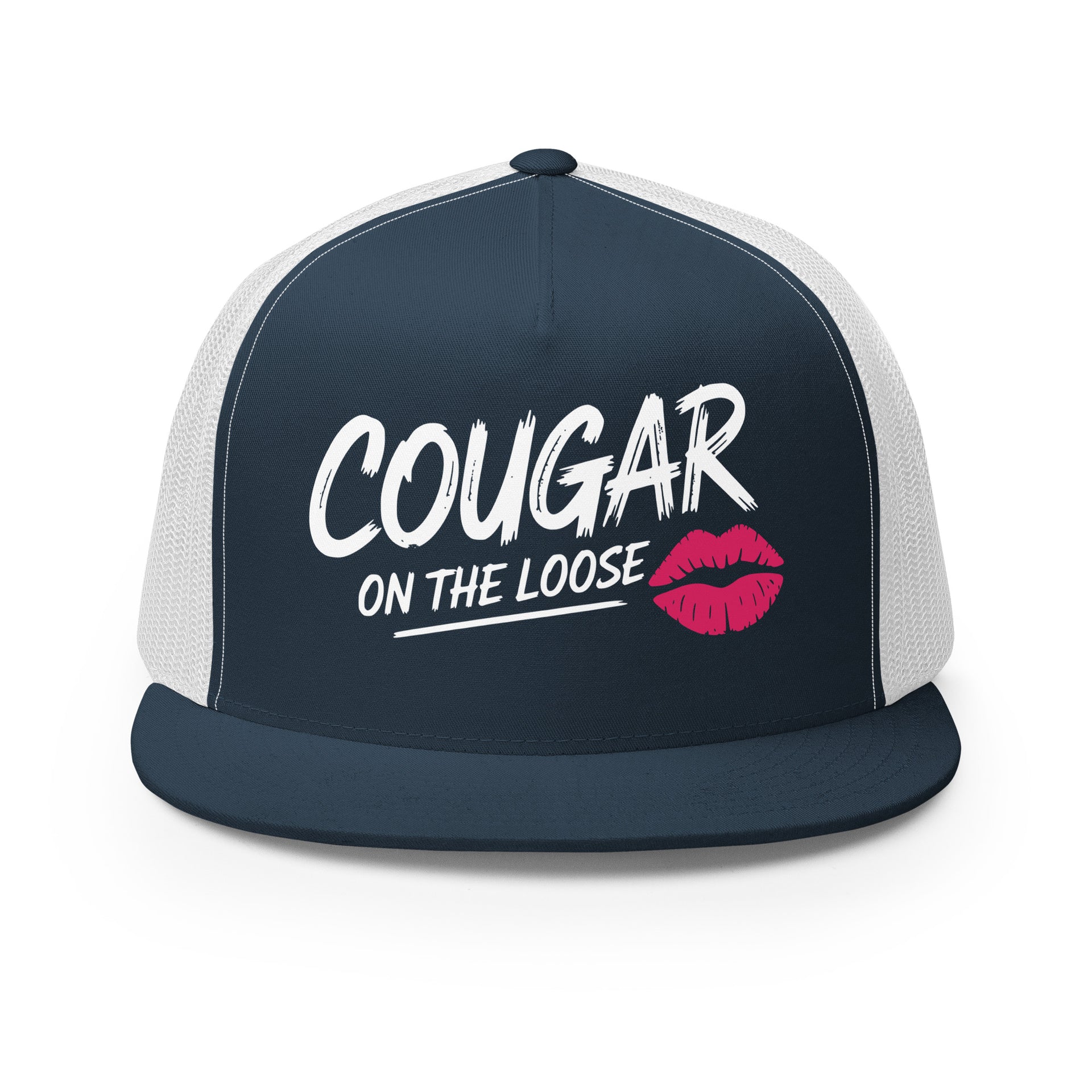 a navy and white flat bill trucker hat with the phrase 'Cougar on the Loose' funny beach trip, girls trip, bachelorette party, or spring break design