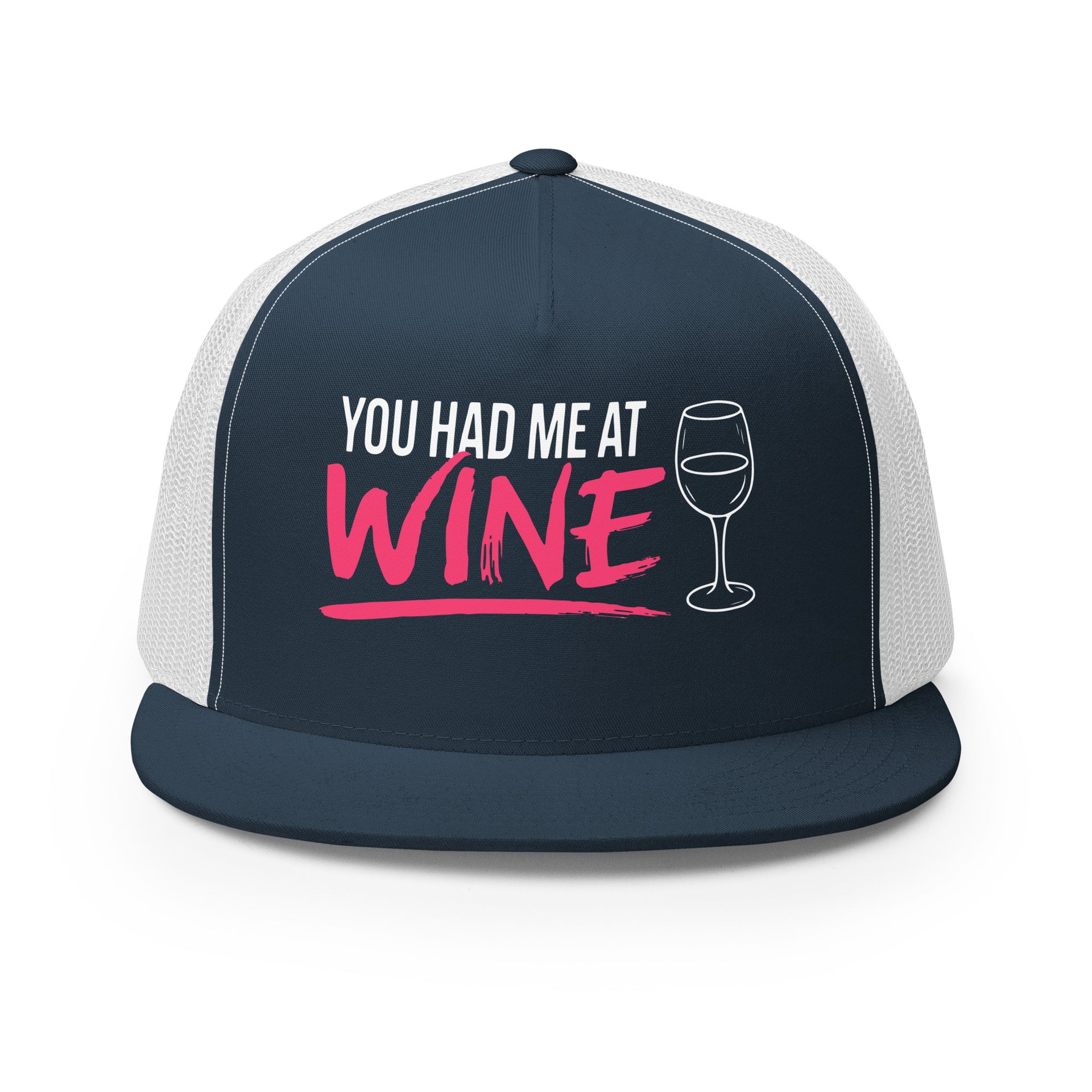 Navy and White flat bill trucker hat with 'You Had Me at Wine' text and wine glass graphic funny spring break hat