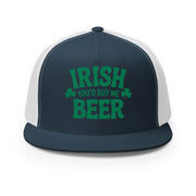navy  and white flat bill trucker cap with  text 'Irish you'd buy me beer' funny st patricks day design