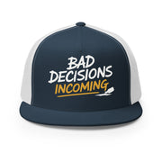 a navy and white flat bill trucker hat with the phrase "Bad Decisions Incoming" funny spriong break, summer vacation, beach trip, bachelor or bachelorette party designroduct mockup
