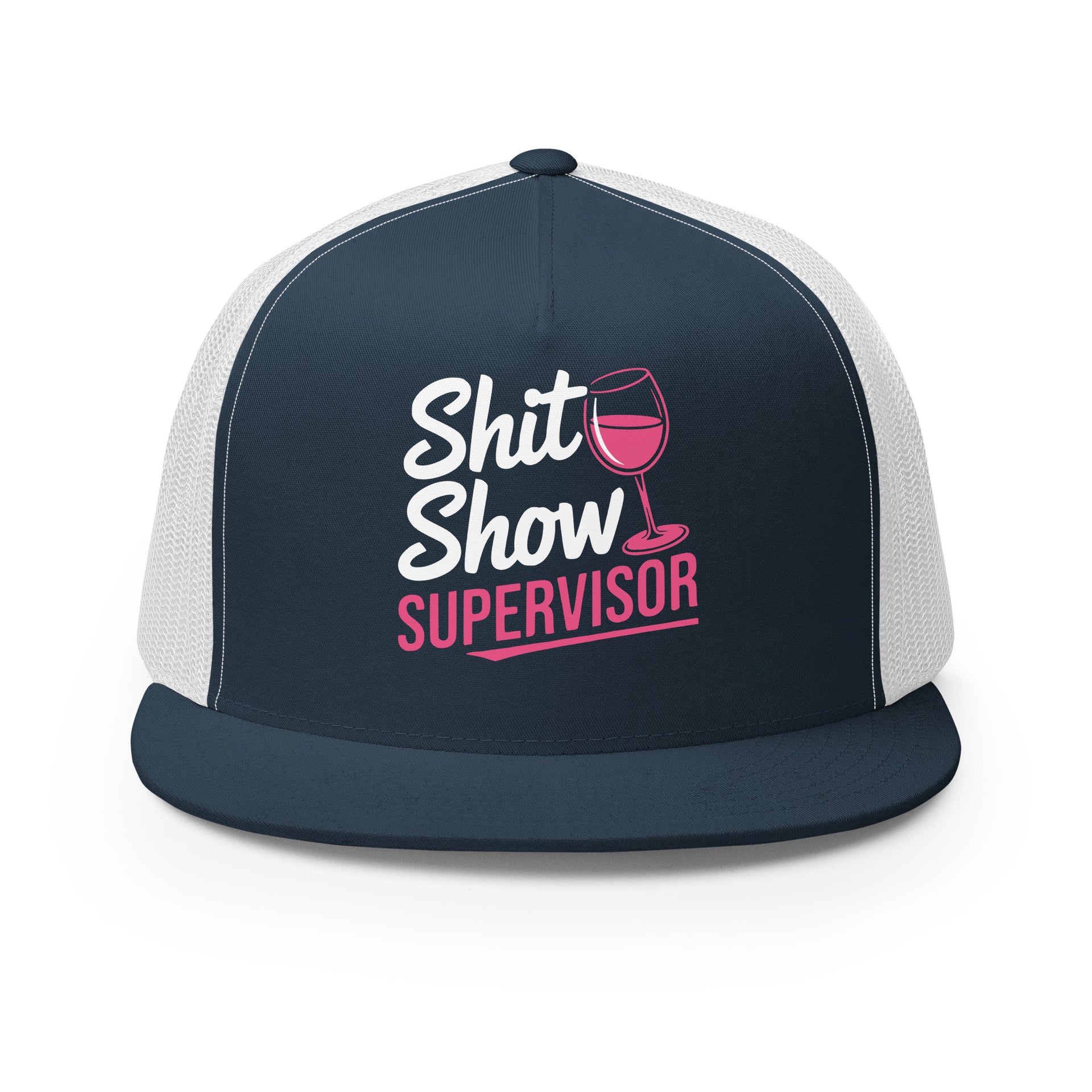 a navy and white premium flat bill trucker hat with the phrase Shit Show Supervisor funny girls trip, beach vacation, spring break, summer vacations, lake days design