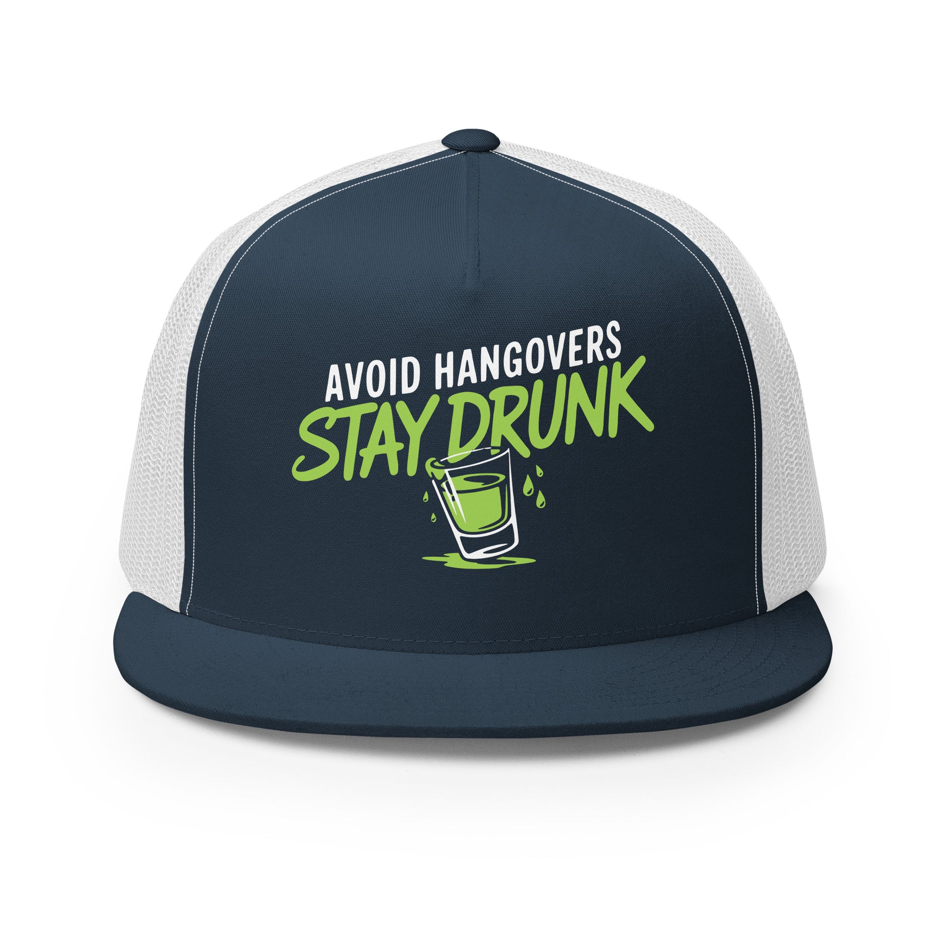 a navy and white premium flat bill trucker hat with 'Avoid Hangovers Stay Drunk' text funny spring break, beach vacation, lake season, girls trip, guys trip, bachelor or bachelorette party design