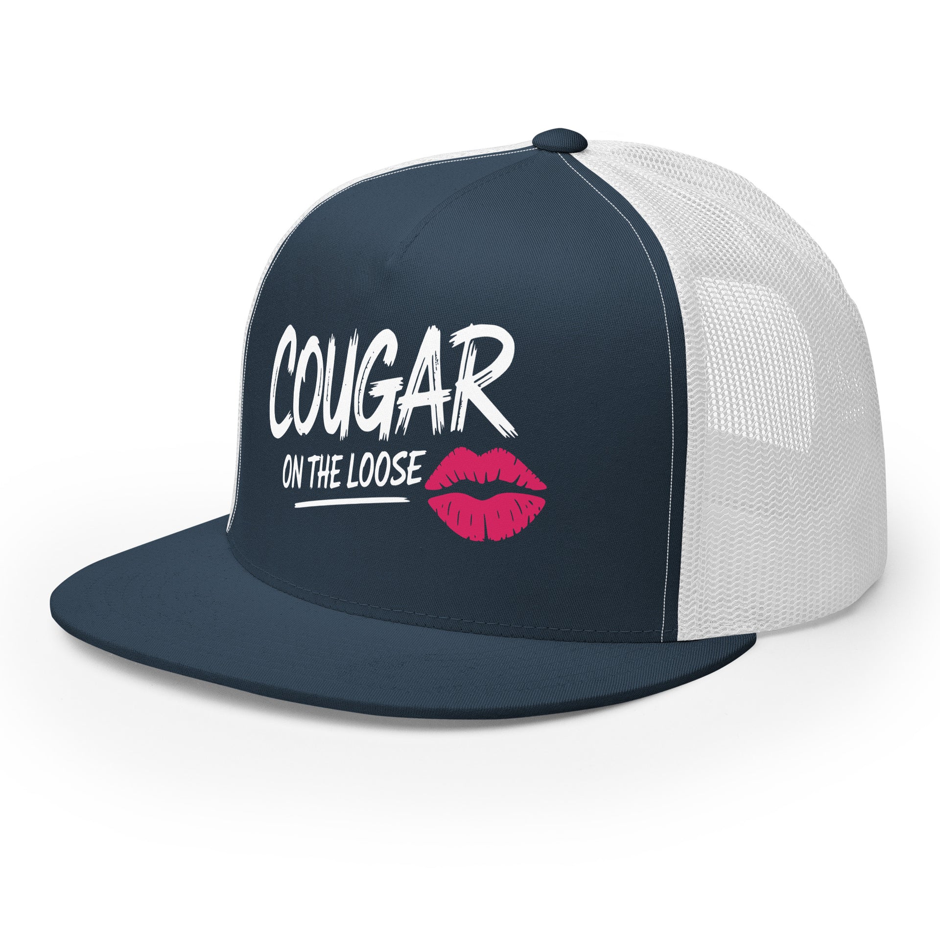 a navy and white flat bill trucker hat with the phrase 'Cougar on the Loose' funny beach trip, girls trip, bachelorette party, or spring break design