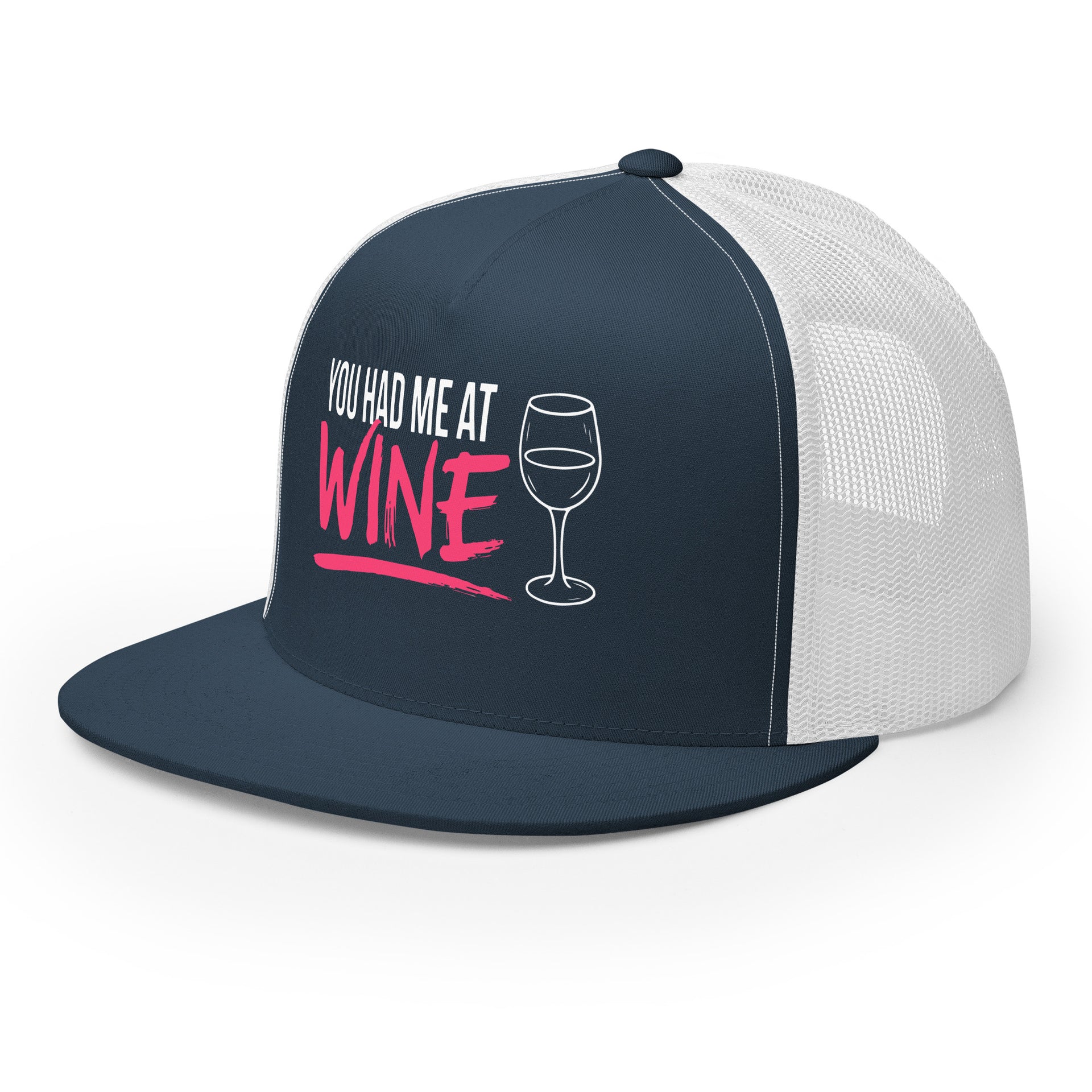 Navy and White flat bill trucker hat with 'You Had Me at Wine' text and wine glass graphic funny spring break hat