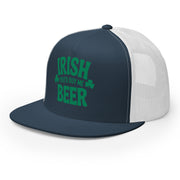 navy  and white flat bill trucker cap with  text 'Irish you'd buy me beer' funny st patricks day design