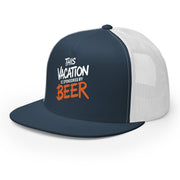 a Navy and white flat bill trucker hat with the phrase 'This Vacation is Sponsored by Beer' funny spring break, summer vacation, girls trip, bachelor party, and lake season designProduct mockup