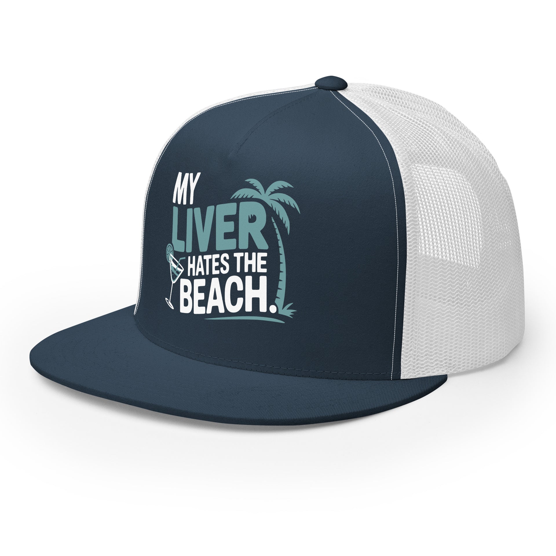 a navy and white flat bill trucker hat with the phrase 'My Liver Hates the Beach' funny spring break, beach season, girls trip, guys trip, or bachelor, bachelorette trip design