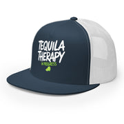 a navy and white flat bill trucker hat with the phrase "Tequila Therapy in Progress" funny spring break, girls trip, cinco de mayo design