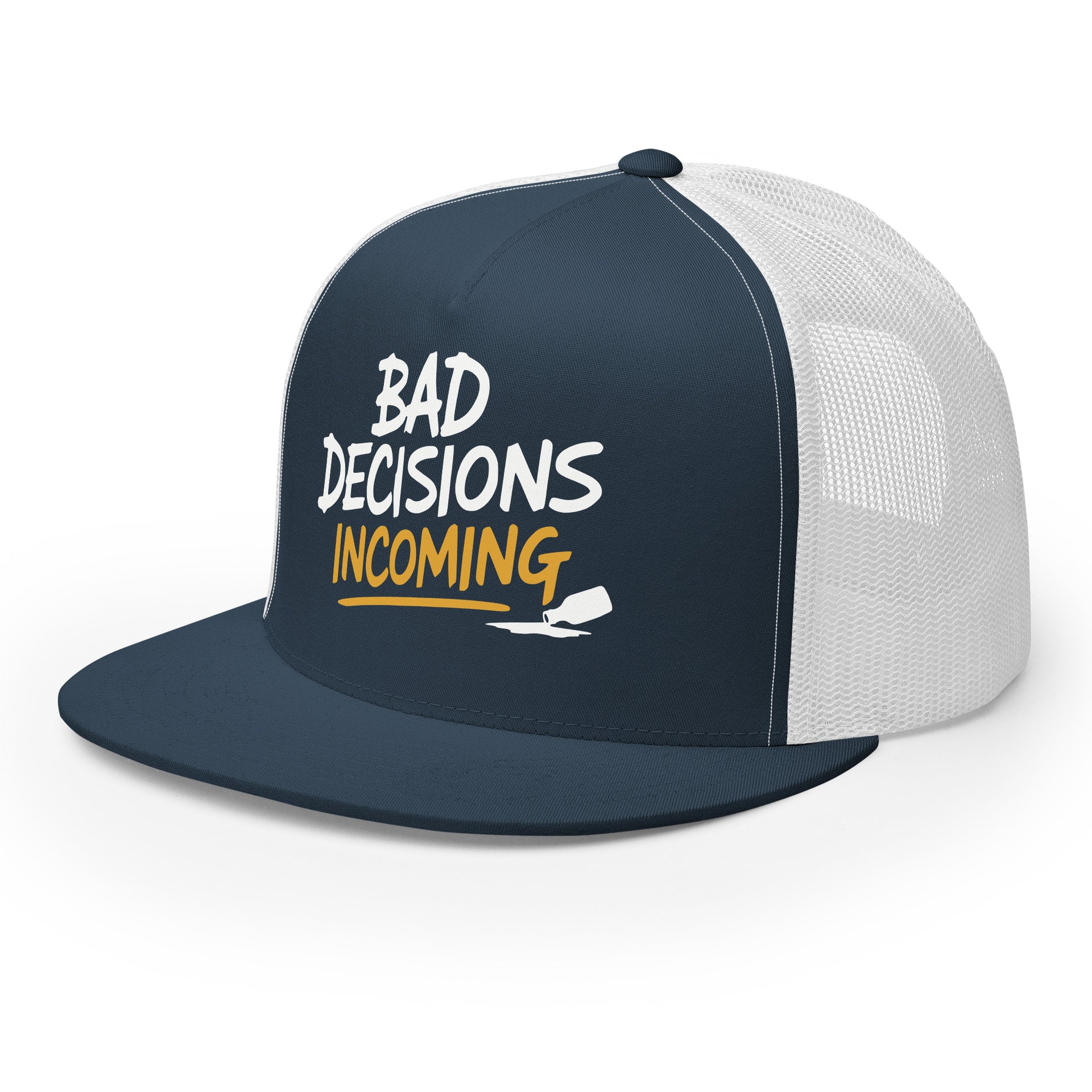 a navy and white flat bill trucker hat with the phrase "Bad Decisions Incoming" funny spriong break, summer vacation, beach trip, bachelor or bachelorette party designroduct mockup