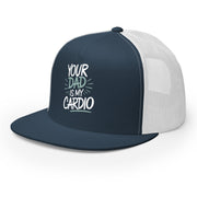 a navy and white premium flat bill trucker hat with 'Your Dad is My Cardio' text funny spring break, summer vacation, girls trip, lake days, bachelorette trip design