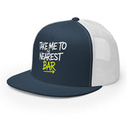 a premium navy and white trucker hat with 'Take me to nearest bar' text spring break, beach trip, guys trip, girls trip, or beach vacation design