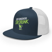 a navy and white premium flat bill trucker hat with 'Avoid Hangovers Stay Drunk' text funny spring break, beach vacation, lake season, girls trip, guys trip, bachelor or bachelorette party design