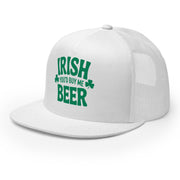 white flat bill trucker cap with  text 'Irish you'd buy me beer' funny st patricks day design