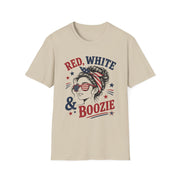 Red White & Boozie summer party tee with patriotic woman illustration