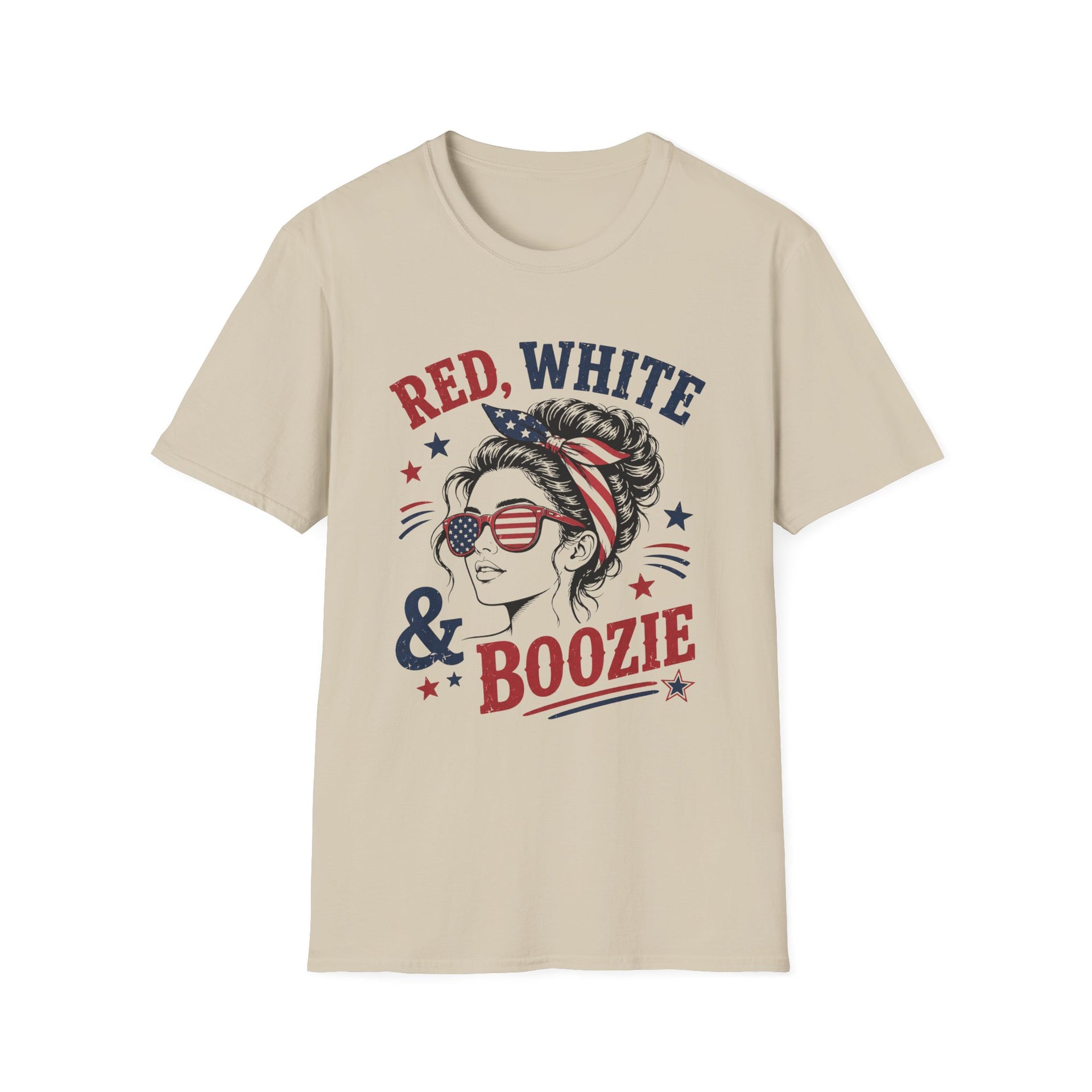 Red White & Boozie summer party tee with patriotic woman illustration