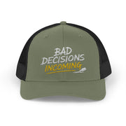 Woman wearing a green and black curved trucker hat with embroidered text 'Bad Decisions Incoming'  funny Spring Break, Girls rips, Guys Trips, Beach Trips, Bachelor or Bachelorette design