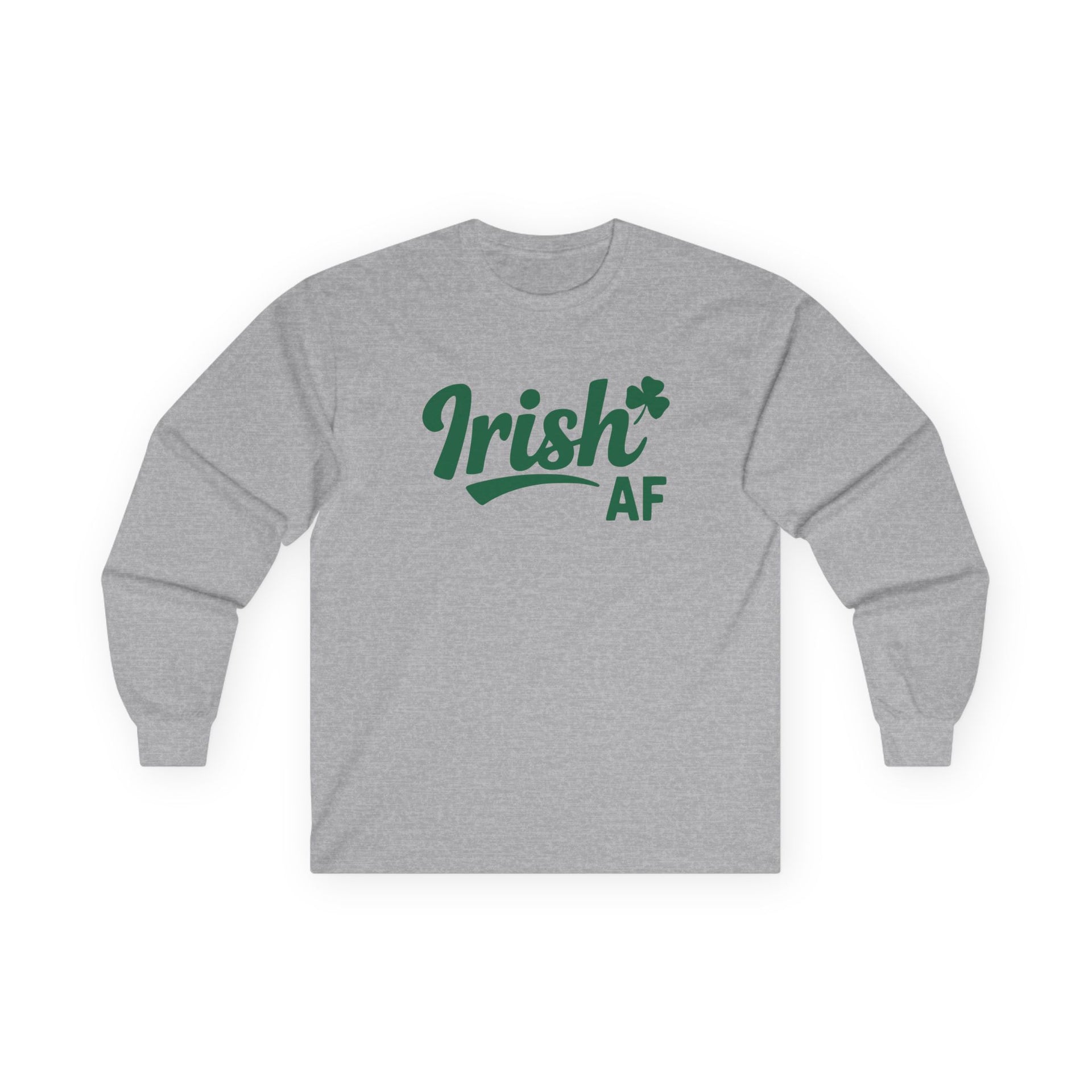 gray long-sleeve shirt with the phrase 'Irish AF' funny st patricks day design